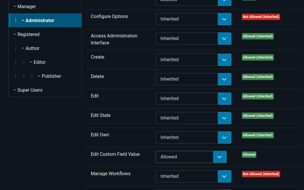 Permissions Articles Administrator Custom field edit value allowed